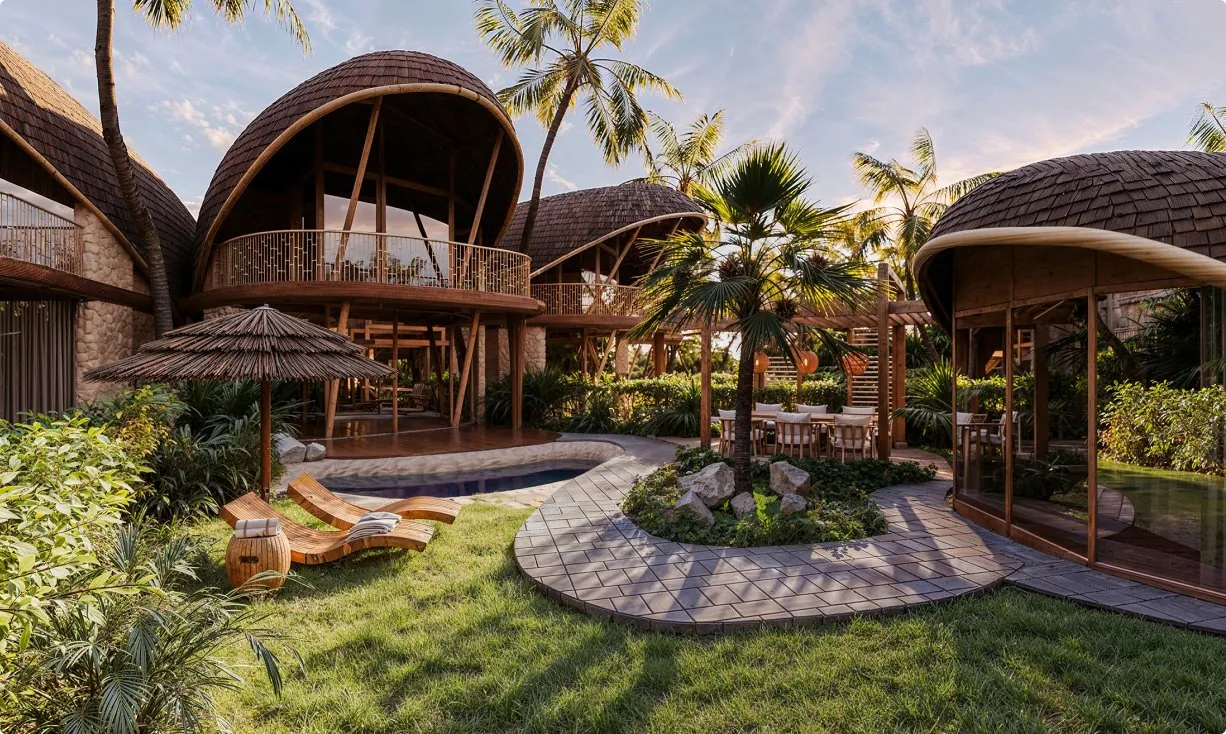 Визуализация двора Pistachio Villas: купола вилл, сад и бассейн